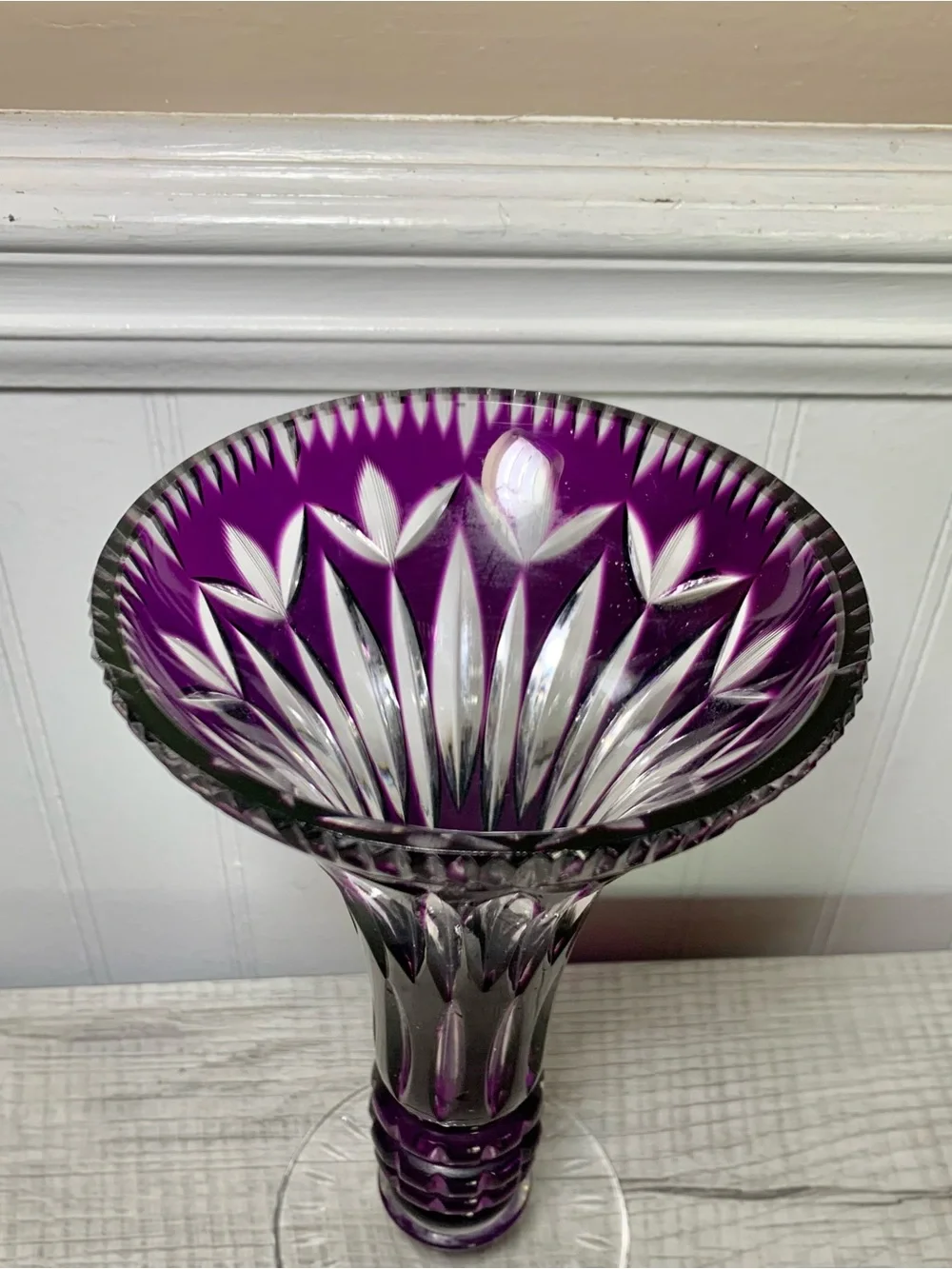 Vintage Bohemian Amethyst Cut To Clear Trumpet Flared Footed Vase